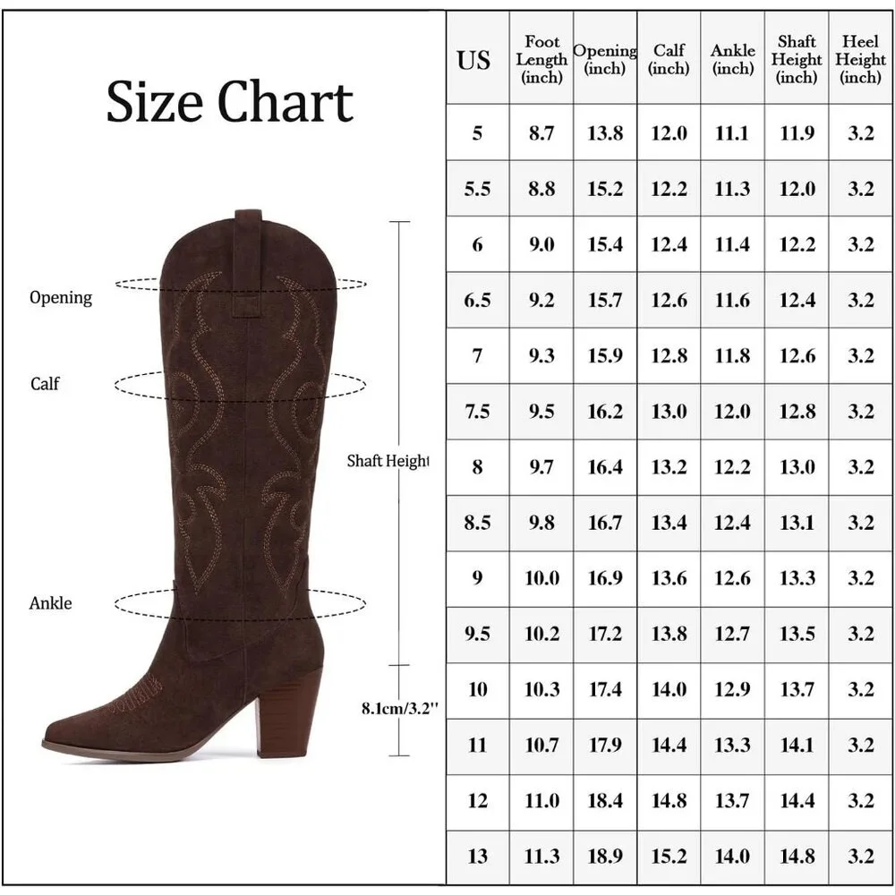 Women Chocolate Western Knee High Cowgirl Boots with Side Zipper Retro Pointed